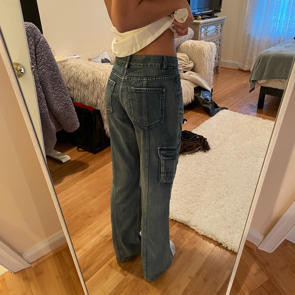 Straight leg denim cargo jeans dark acid wash small